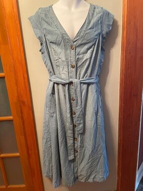 Light Blue Denim Button-Front Coastal Cottagecore Casual Tie Waist Midi Dress